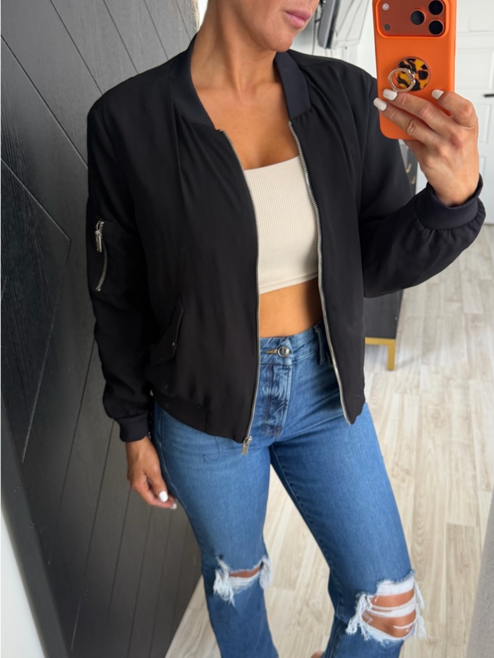 Zara Black Bomber Jacket with Zip Sleeve Pocket